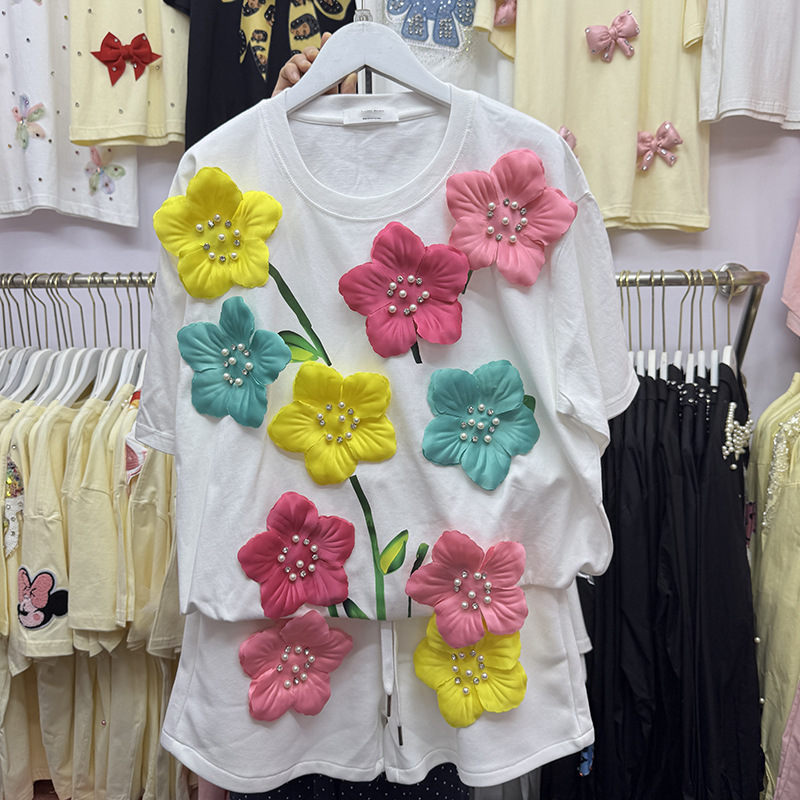 Embroidery Cotton Shirt - Летняя красочная футболка с 3D цветами,