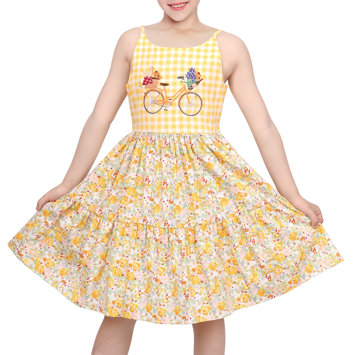 Embroidery Yellow Dress - Платье для девочек, желтое, в клетку,