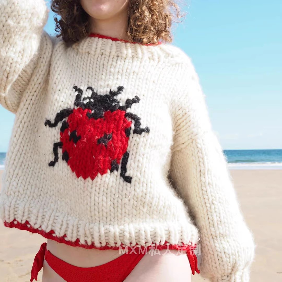 Embroidery Lady Bug - Женский свитер из грубой шерсти ручной